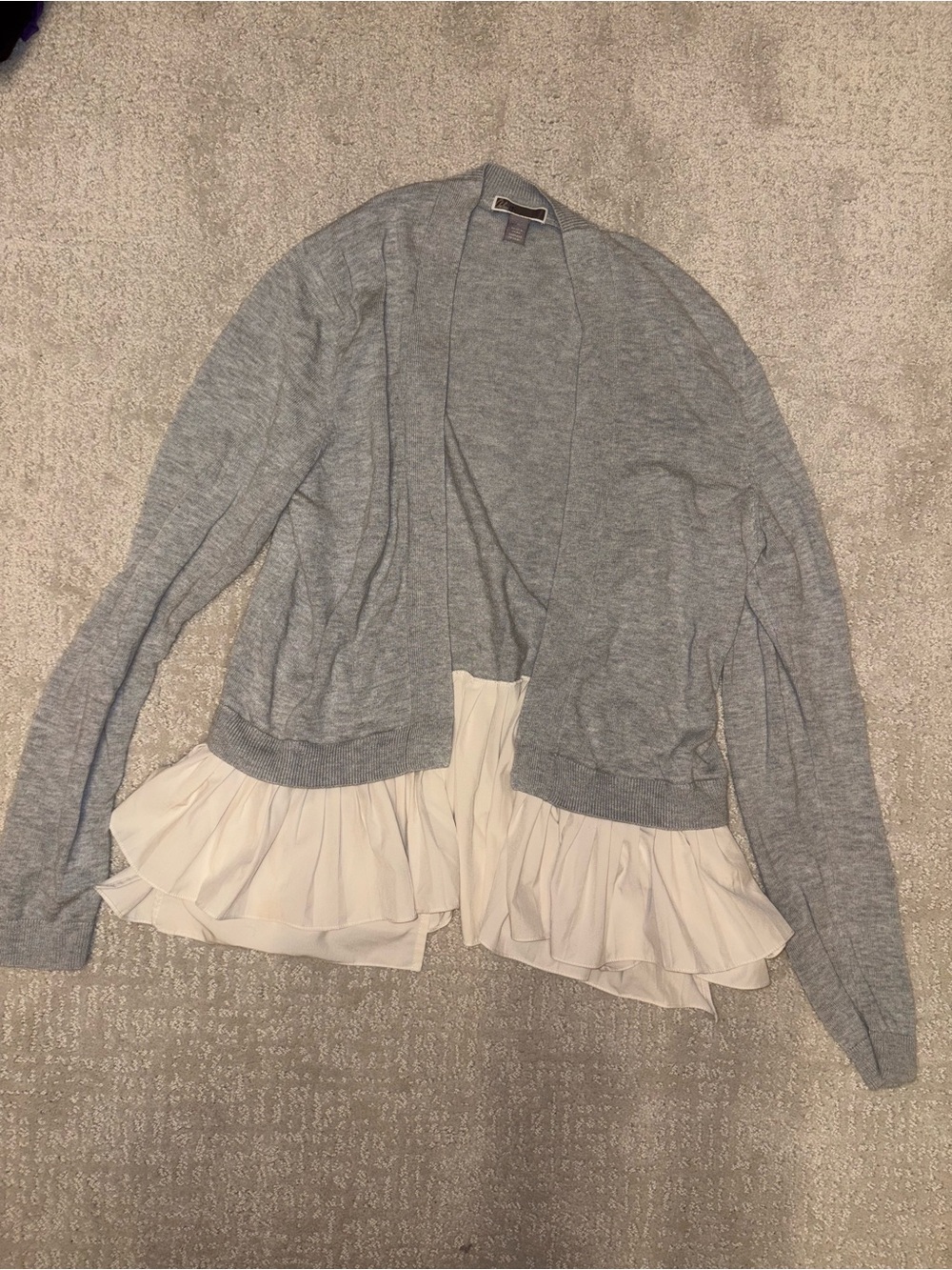 Chelsea28 Gray Knit Cardigan with Cream Ruffle Hem